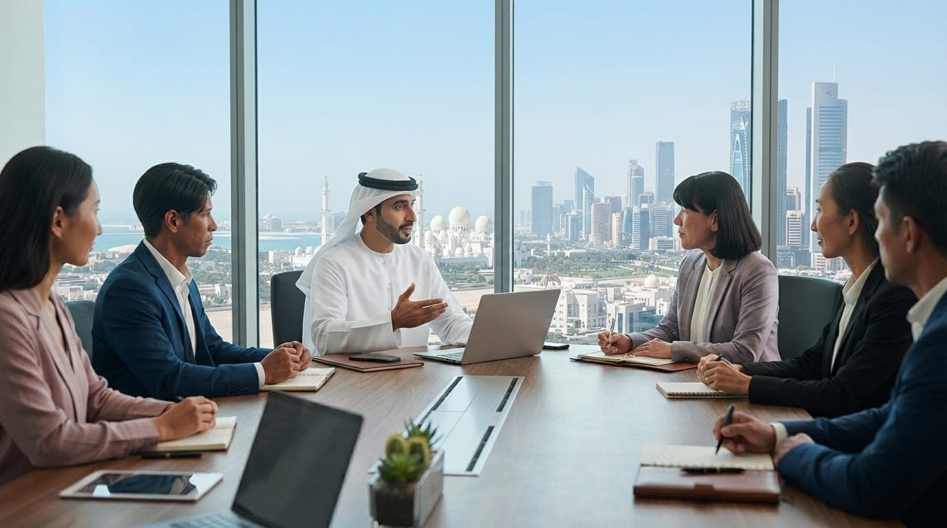 An Emirati executive leading a meeting with international investors, with the Sheikh Zayed Grand Mosque in view