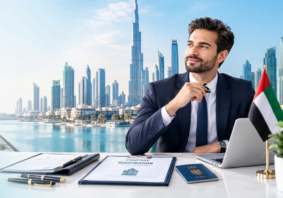 A business owner at a desk with company registration documents, a passport, a laptop and a UAE flag, with the Dubai skyline behind