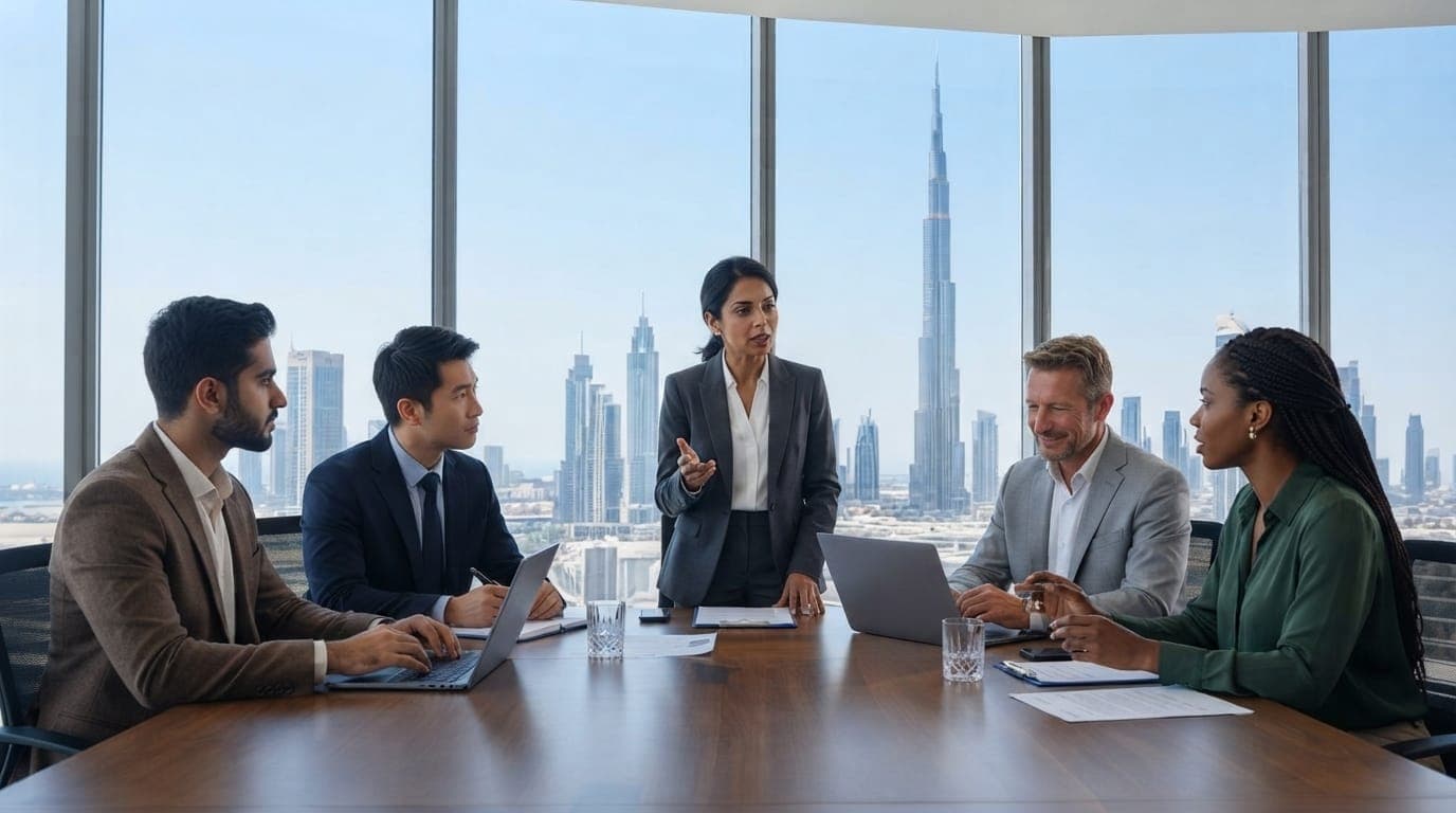 A board meeting around a conference table with the Burj Khalifa visible behind