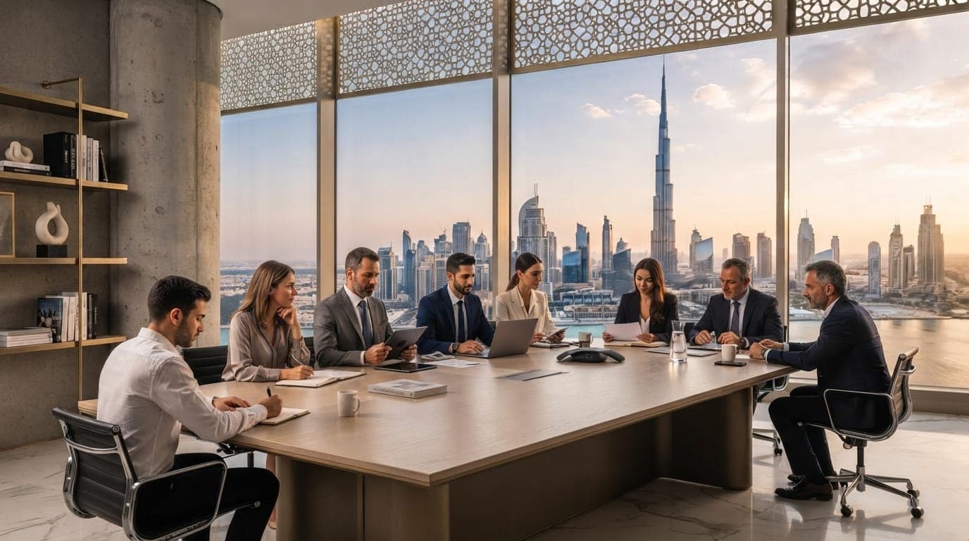 An executive boardroom meeting beneath lattice-screen windows, with the Burj Khalifa at sunset