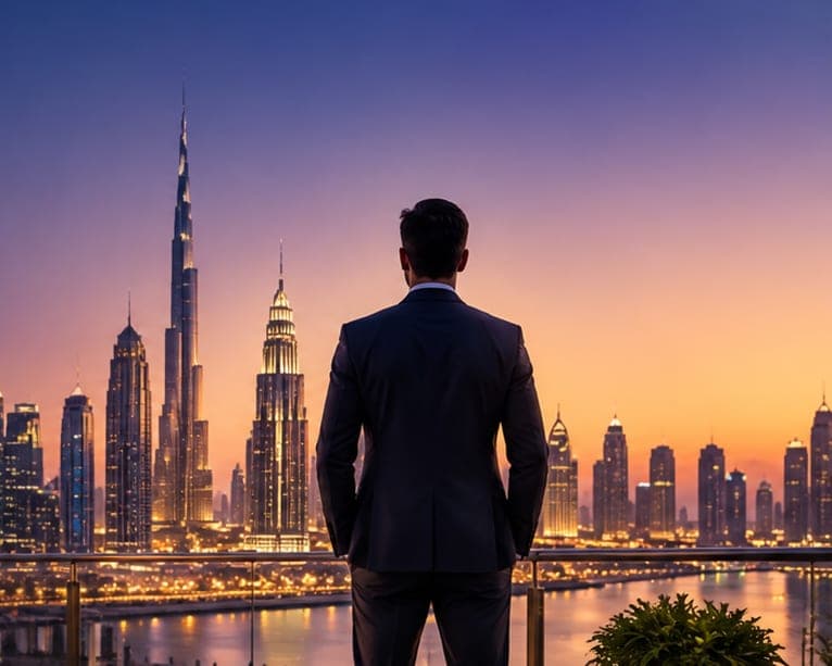 A man in a suit on a terrace looking out over the Dubai skyline at dusk