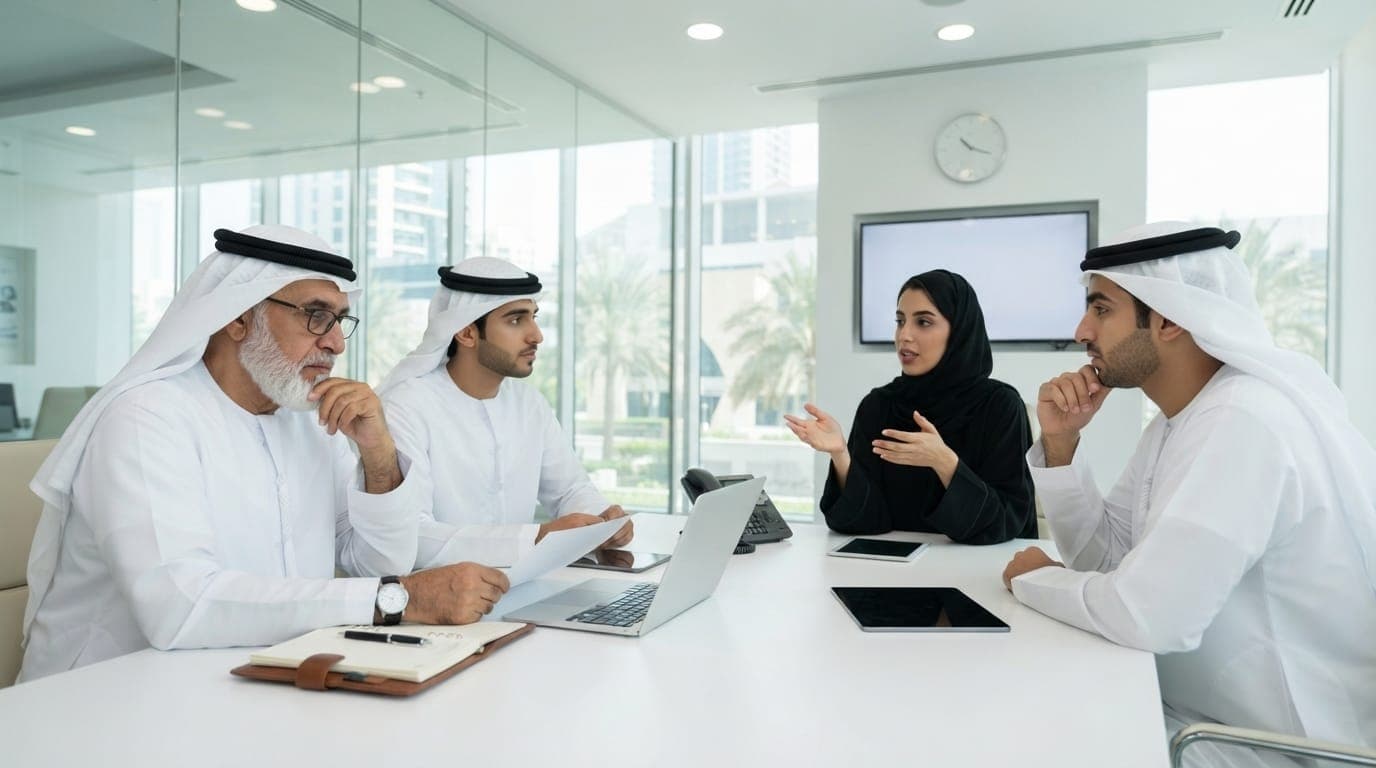 Emirati business people in discussion around a table in a bright UAE office