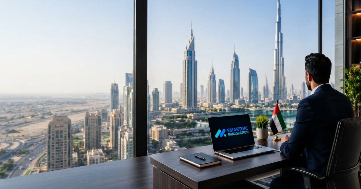 A business owner at a desk overlooking the Dubai skyline, with the Smartgic Immigration logo on his laptop