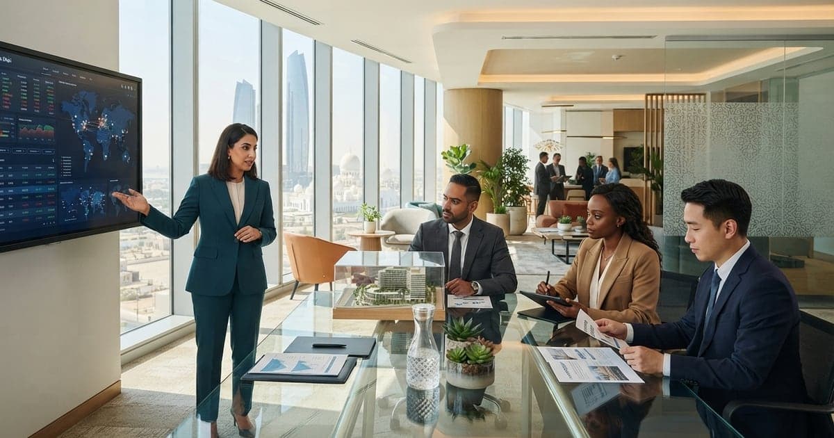 An investment briefing with global market dashboards and an architectural model, overlooking Abu Dhabi