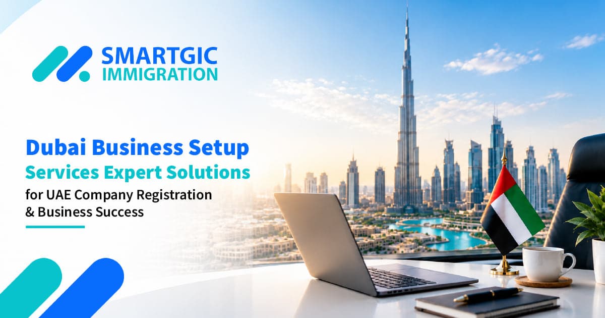 Smartgic Immigration cover showing a desk with a laptop and a UAE flag in front of the Dubai skyline, titled Dubai Business Setup Services: Expert Solutions for UAE Company Registration