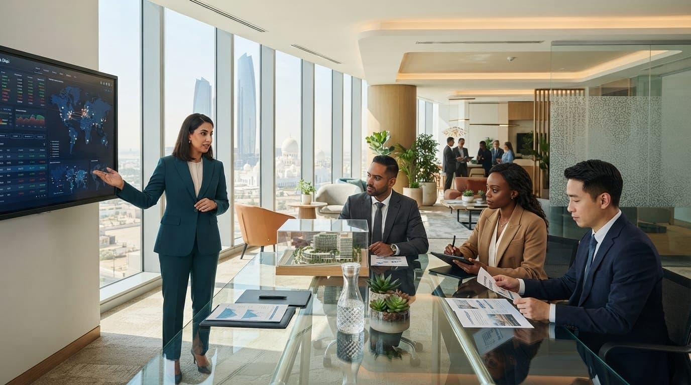 An investment briefing with global market dashboards and an architectural model, overlooking Abu Dhabi