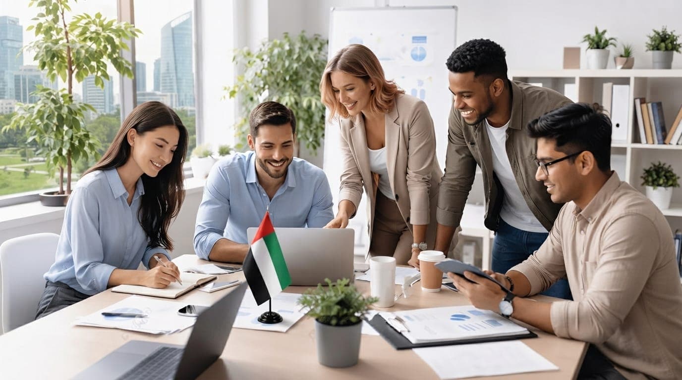 A team collaborating around a shared desk with laptops, documents and a UAE flag in a bright workspace
