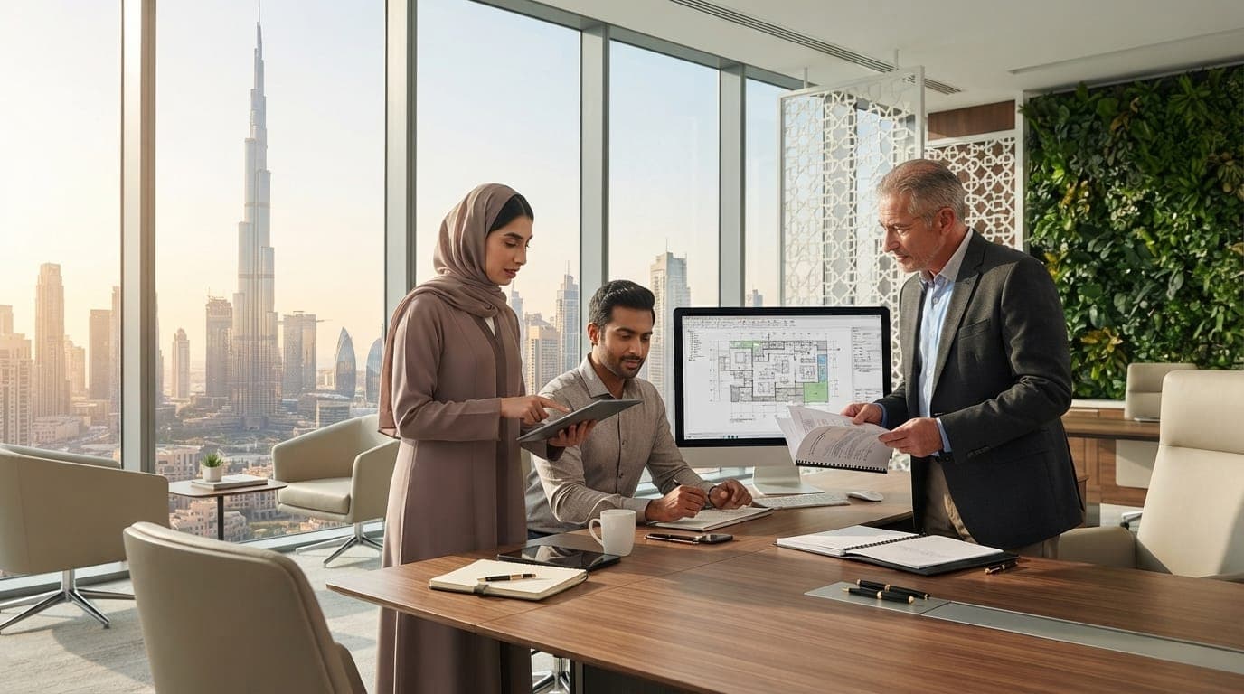 Colleagues reviewing documents and a floor plan together in a Dubai office overlooking the Burj Khalifa