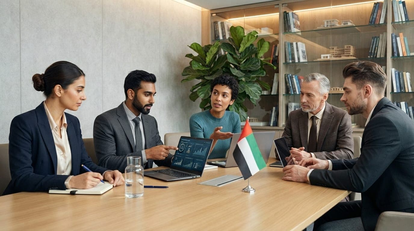 Company shareholders in discussion around a table with laptops and a UAE flag