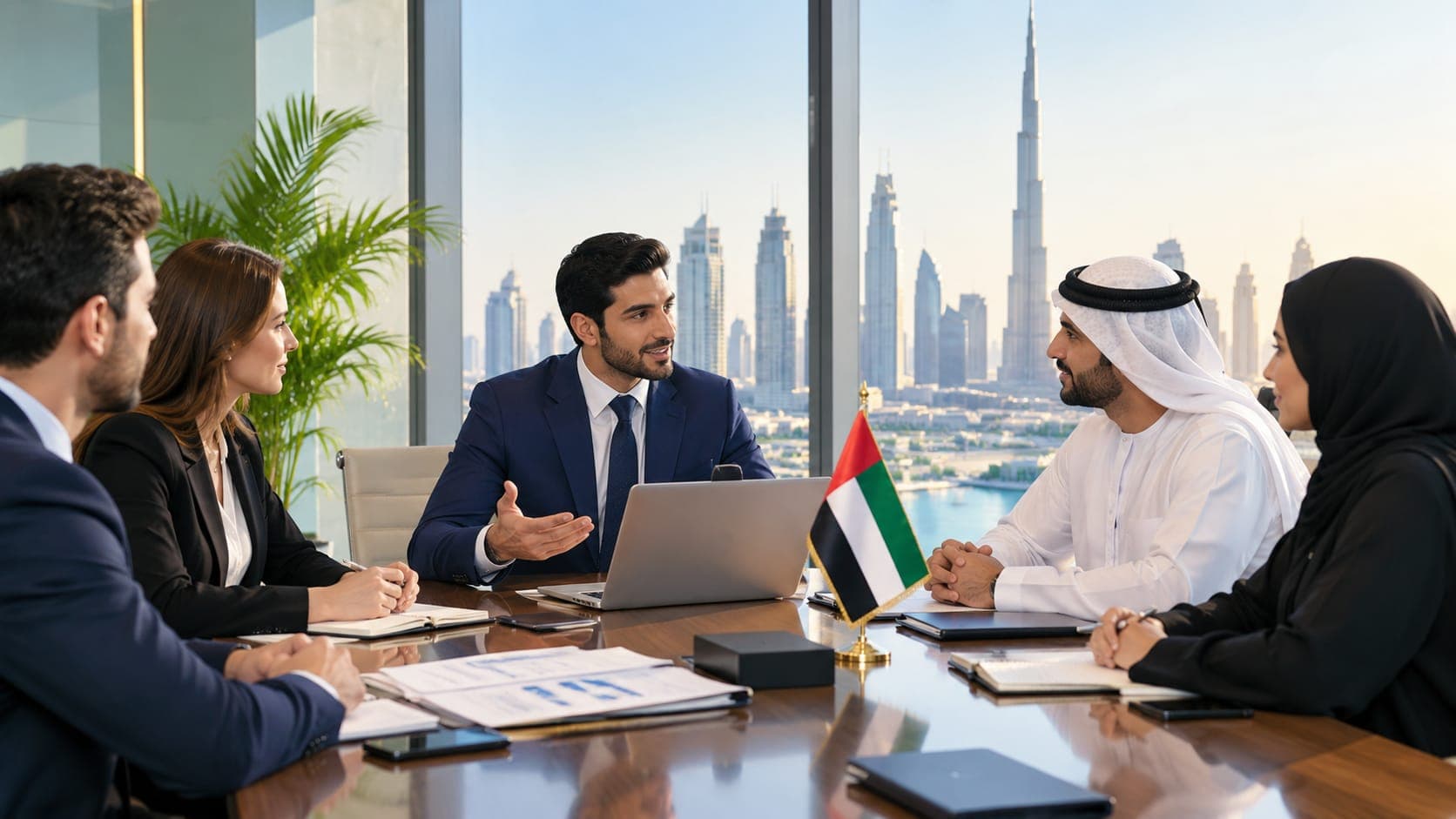 An adviser presenting to Emirati and international business partners at a table with a UAE flag, overlooking Dubai